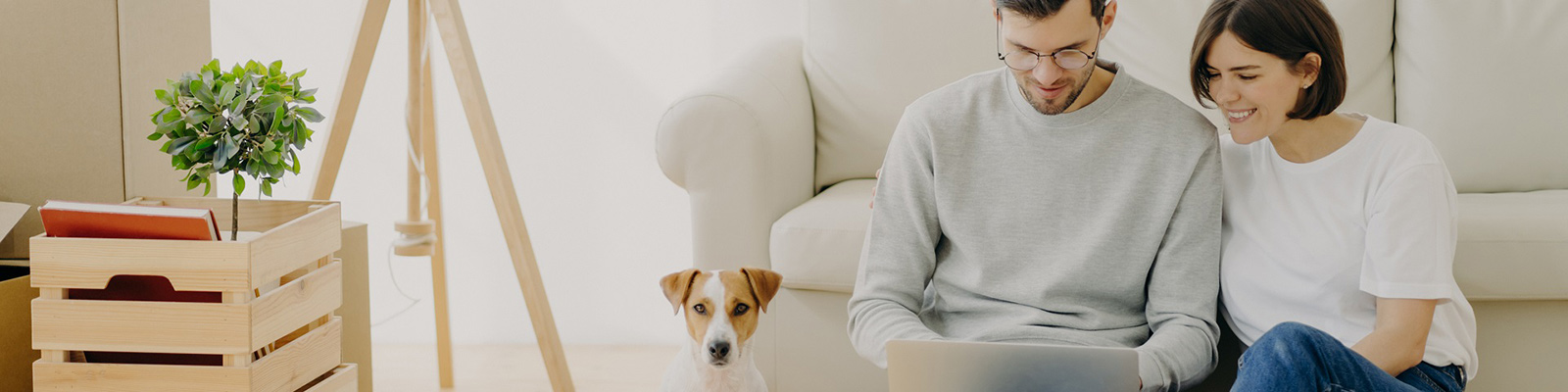 man and woman with dog viewing laptop