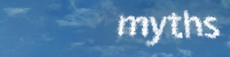 White clouds form word myths across blue sky