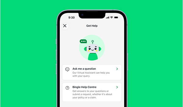 A smartphone showing the help centre screen from the Bingle App