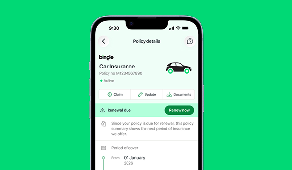 A smartphone showing a policy details screen on the Bingle App
